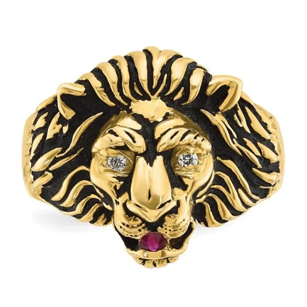 10k IBGoodman Men's Diamond and Ruby Antiqued Lion Complete Ring